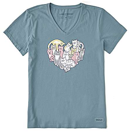 Women's Smoky Blue Heart Of Cats Short Sleeve Shirt