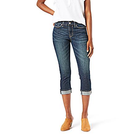 Women's Blue Laguna Mid-Rise Stretch Denim Cuff Capris