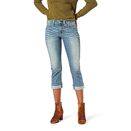 Women's Blue Ice Mid-Rise Stretch Denim Cuff Capris