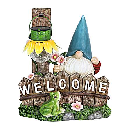 Welcome Gnome w/ Sunflower Lantern Solar Statue