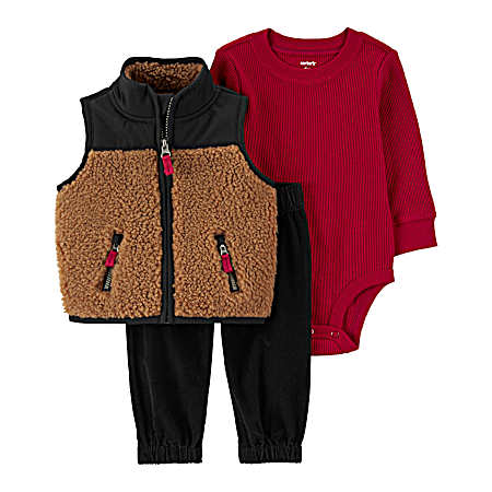 Infant Boys' Beige Navy Color Block Vest Set - 3 Pc