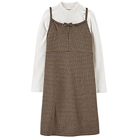 Little Girls' Brown Houndstooth Long Sleeve Dress - 2 Pc