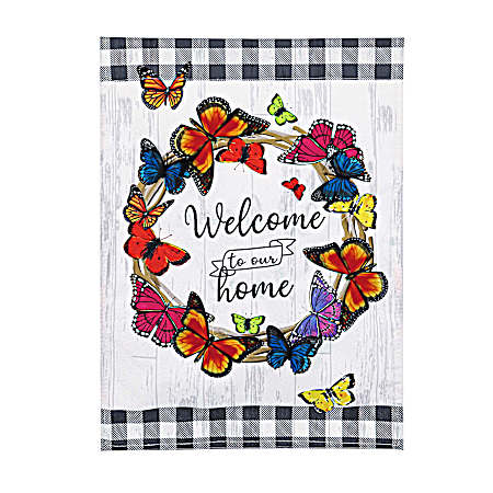 Butterfly Welcome Wreath Linen Garden Flag