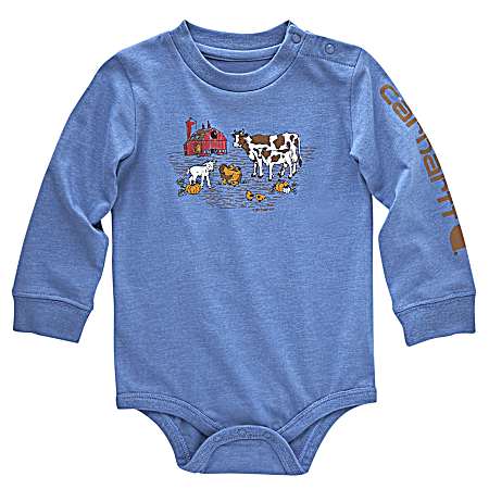 Boy's Blue Long Sleeve Farm Bodysuit