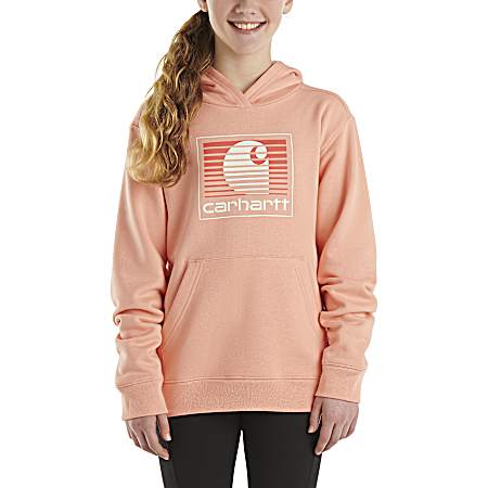 Girl's Peach Long Sleeve Hooded Fleece Graphic Sweatshirt