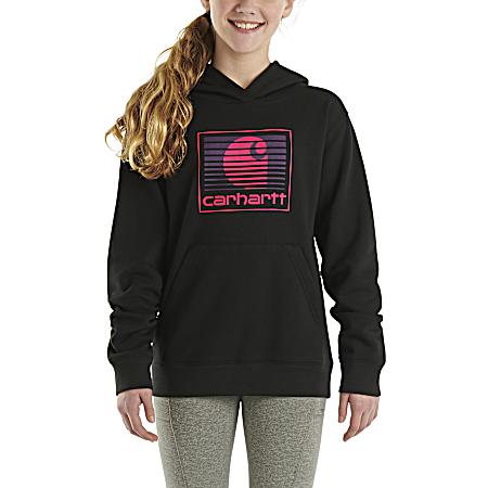 Girl's Black Long Sleeve Hooded Fleece Graphic Sweatshirt