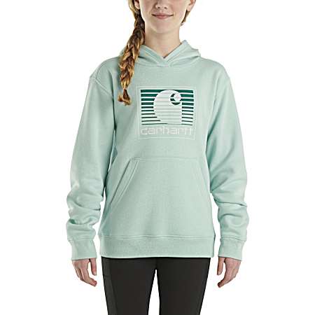 Girl's Pastel Turquoise Long Sleeve Hooded Fleece Graphic Sweatshirt