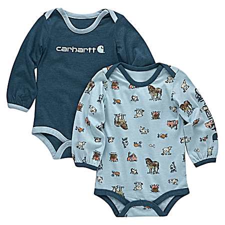 2 Pc Infant Girl's Spruce Long Sleeve Farm Print Bodysuit Set