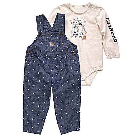 Infant Girl's Gray Long Sleeve Bodysuit and Chambray Overall Set
