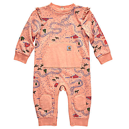 Infant Girl's Peach Long Sleeve Printed Coveralls