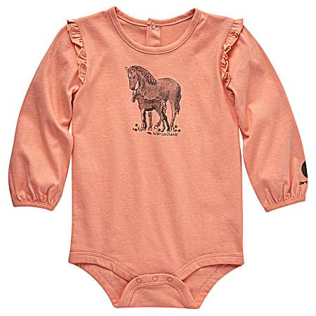 Infant Girl's Peach Long Sleeve Horse Family Bodysuit