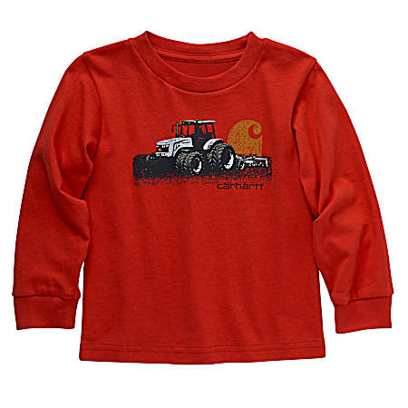 Toddler Boy's Bittersweet Red Long Sleeve Tractor T-Shirt
