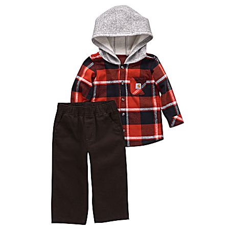 Toddler Boy's Red Flannel Shirt & Mustang Brown Canvas Pant Set
