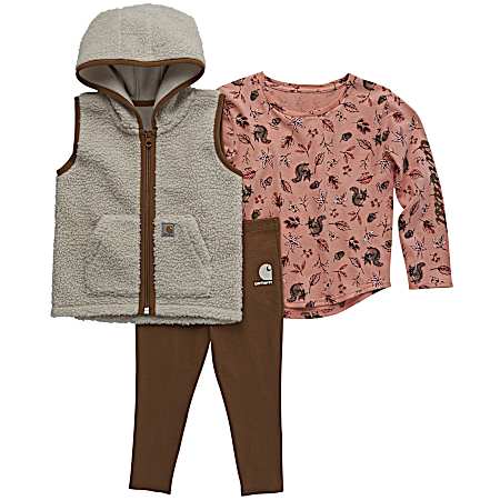 Toddler Girl's Carhartt Brown Long Sleeve T-Shirt, Sherpa Vest and Pant Set