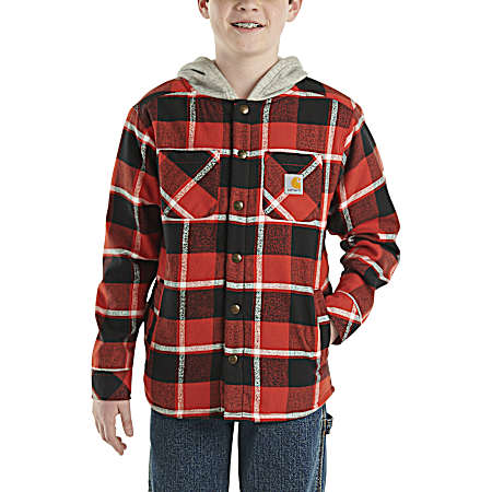 Boy's Red Plaid Flannel Button Down Hooded Shacket