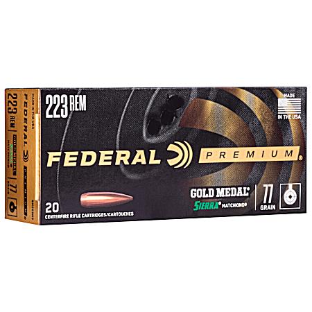 .223 Remington Gold Medal 77 Grain Sierra MatchKing Boat-Tail Hollow Point Rifle Cartridges - 20 Rounds
