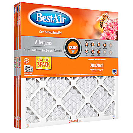 3 Pk Pleated Air Filter 20x20x1 - MERV 10