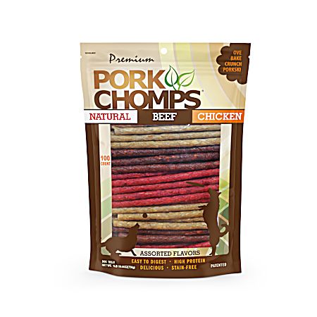Pork Chomps Assorted Flavors Munchy Sticks Dog Treats - 100 Pk