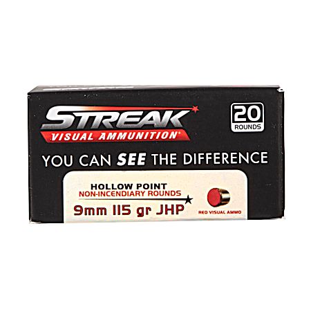 9mm Streak Visual 115 Grain JHP Handgun Cartridges - 20 Rounds