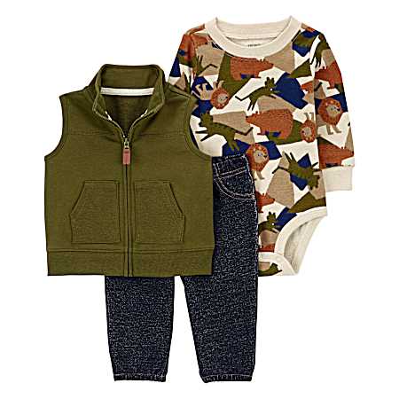 Infant Boys' Green Safari Animal Vest Set - 3 Pc