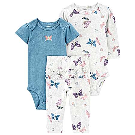 Infant Girls' Grey/Blue Butterfly Set - 3 Pc