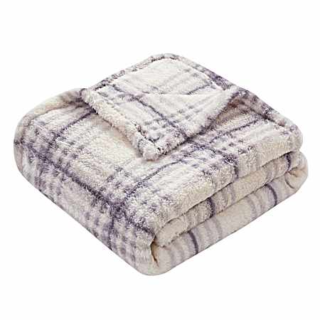 Grey/Cream Plaid Luxury Shearling Throw