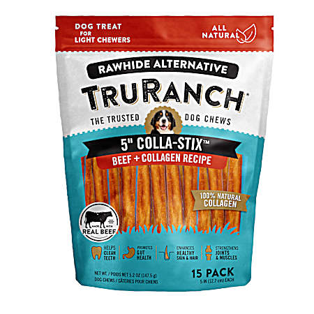 5 in Colla-Sticks Beef + Collagen Recipe Rawhide Alternative Dog Chews - 15 Pk