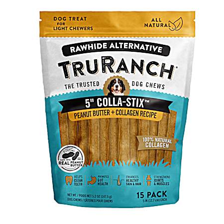 5 in Colla-Sticks Peanut Butter + Collagen Recipe Rawhide Alternative Dog Chews - 15 Pk