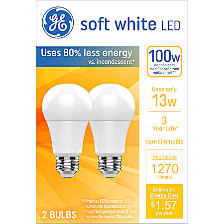 100W LED Soft White General Purpose Light Bulbs - 2 Pk