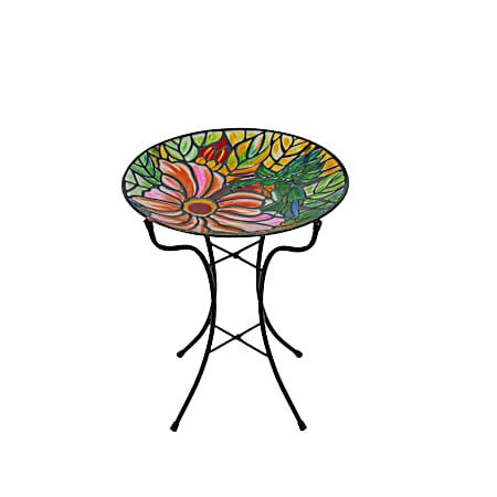 15 in. Glass Birdbath Pink Flower