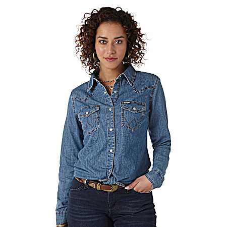 Women's Mid Denim Snap Button Long Sleeve Shirt