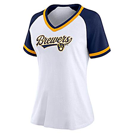 Women's Milwaukee Brewers White/Athletic Navy/ Yellow Gold Next Up Top Short Sleeve Shirt
