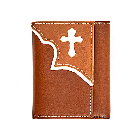 Men's Brown Cross Overlay Trifold Wallet