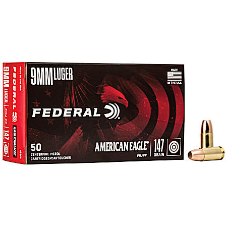 9mm Luger American Eagle 147 Grain Full Metal Jacket Flat Point Centerfire Handgun Cartridges - 50 Rounds