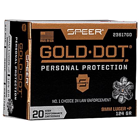 9mm Luger +P Gold Dot 124 Grain Hollow Point Handgun Catridges - 20 Rounds