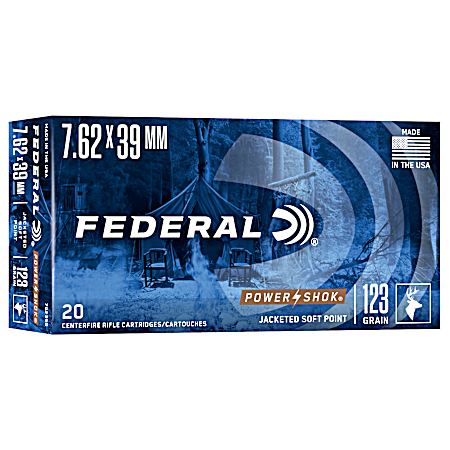 7.62x39mm Power-Shok Jacked Soft Point 123 Grain Centerfire Rifle Cartridges - 20 Rounds