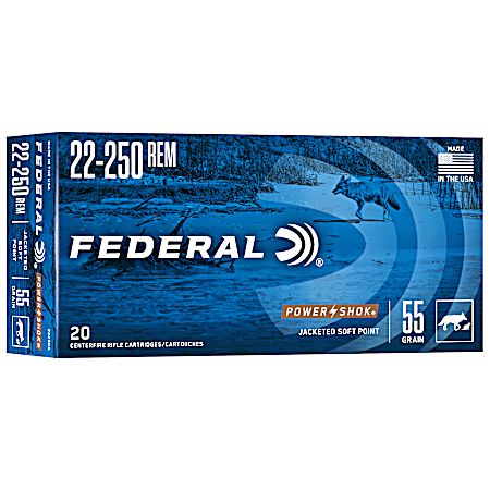 .22-250 Remington Power-Shok Jacked Soft Point 55 Grain Centerfire Rifle Cartridges - 20 Rounds