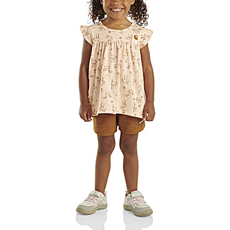 Toddler Girls' Short Sleeve Shirt & Brown Vancas Shorts Set - 2 pc