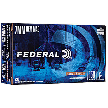 7mm Remington Magnum Power-Shok Jacked Soft Point 150 Grain Centerfire Rifle Cartridges - 20 Rounds