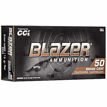 9mm Luger Blazer Brass 115 Grain FMJ Centerfire Handgun Cartridges - 50 Rounds