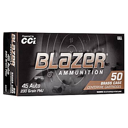 .45 Auto Blazer Brass 230 Grain FMJ Centerfire Handgun Cartridges - 50 Rounds