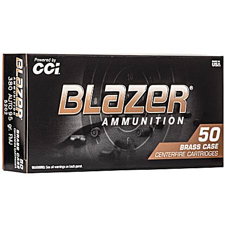 .380 Auto Blazer Brass 95 Grain FMJ Centerfire Handgun Cartridges - 50 Rounds