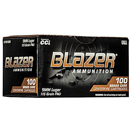 9mm Luger Blazer Brass 115 Grain FMJ Centerfire Handgun Cartridges - 100 Rounds