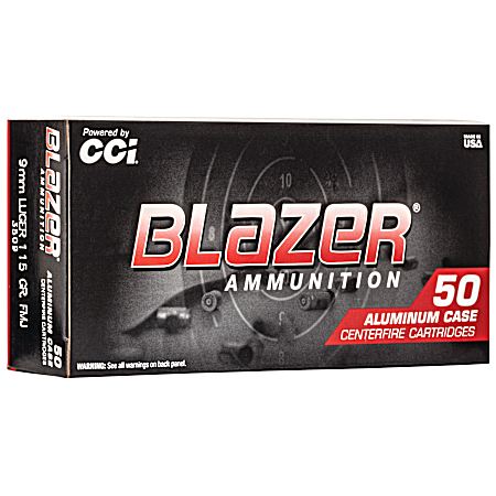 9mm Blazer Aluminum Case 115 Grain FMJ Centerfire Handgun Cartridges - 50 Rounds