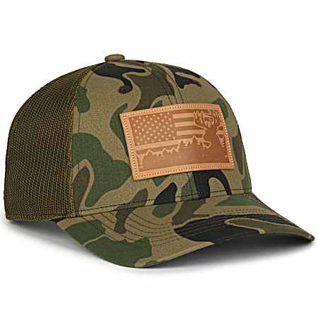 Men's Woodland Green Camo/Loden Flag/Deer Hunting Meshback Cap
