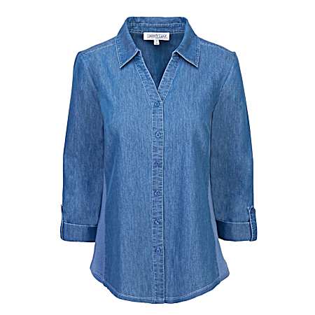 Women's Chambray Button Front 3/4 Sleeve Shirt