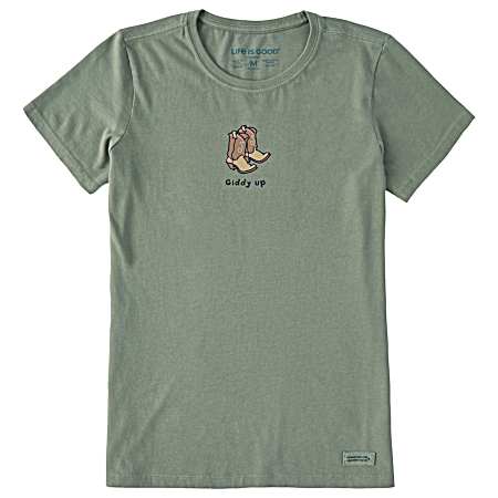 Women's Moss Green Giddy Up Cowboy Boots Short Sleeve Shirt