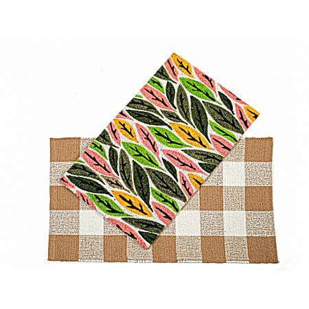 2 pc Layered Doormat Set - Leaves/Plaid