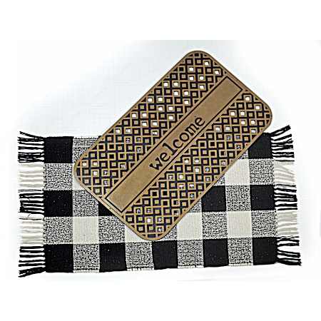 2 pc Layered Doormat Set - Welcome/Black Plaid