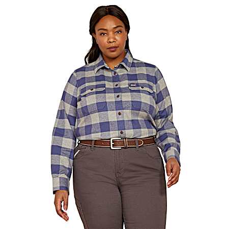 Women's Blue Indigo Flannel Long Sleeve Button Down Tunic